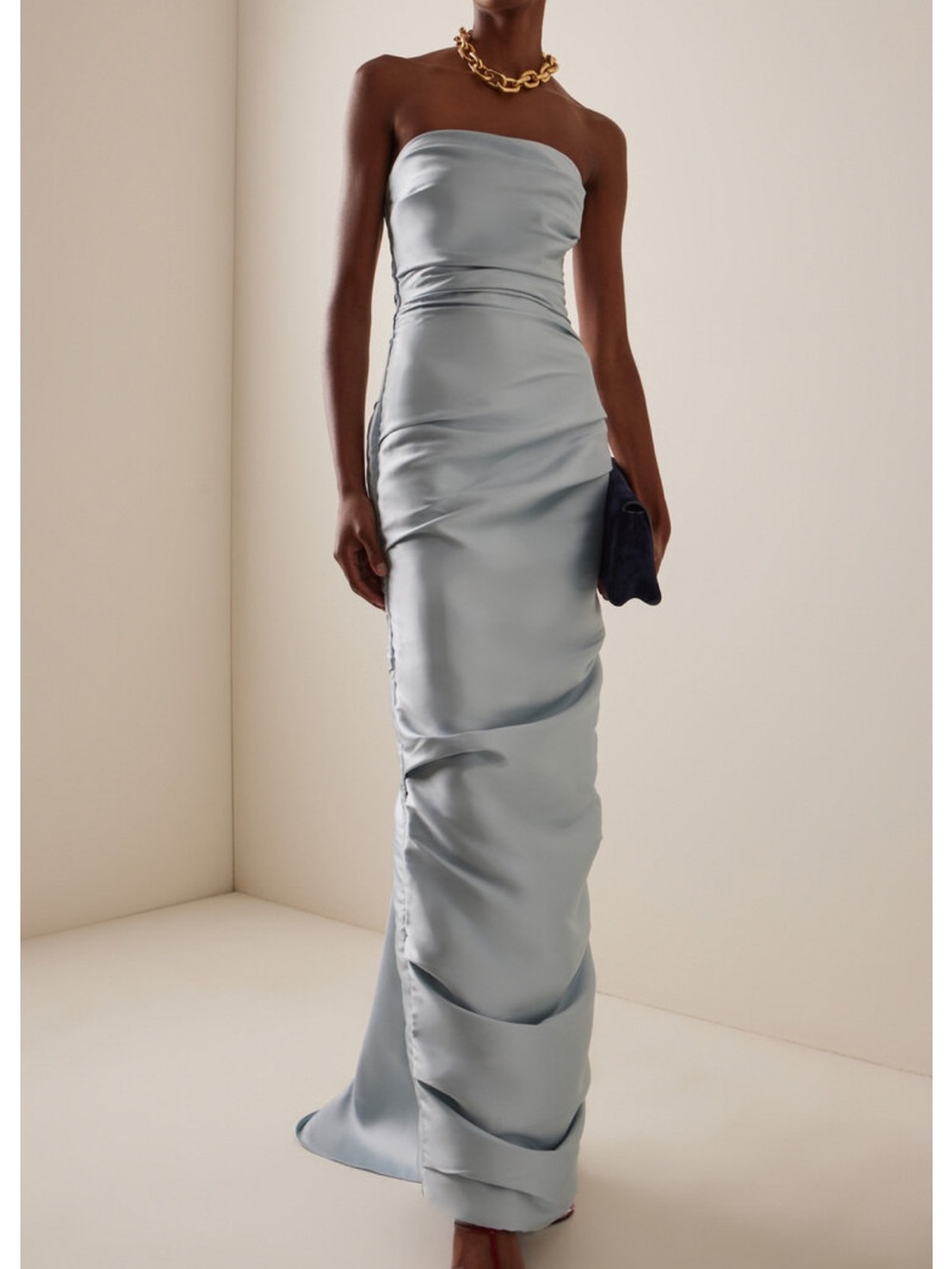 MARMAR HALIM DRAPED MIKADO GOWN IN BABY BLUE EU38
